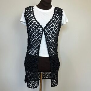 Vintage Ice Fire Black Crochet Longline Vest Ramie Cotton Open Knit Large
